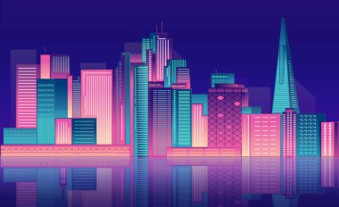Gece şehri neon ışığı. San Francisco şehir merkezi..