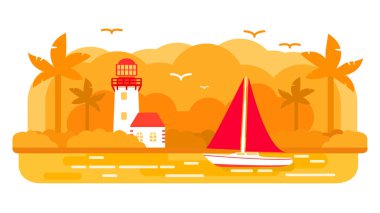 Yelkenli gemi. Yaz deniz yolculuğu. Deniz feneri kulesi..