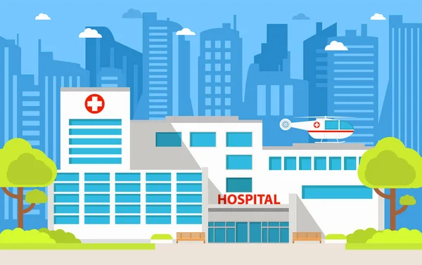 Concepto médico ciudad hospital.Building ambulancia coche y helicóptero. — Vector de stock