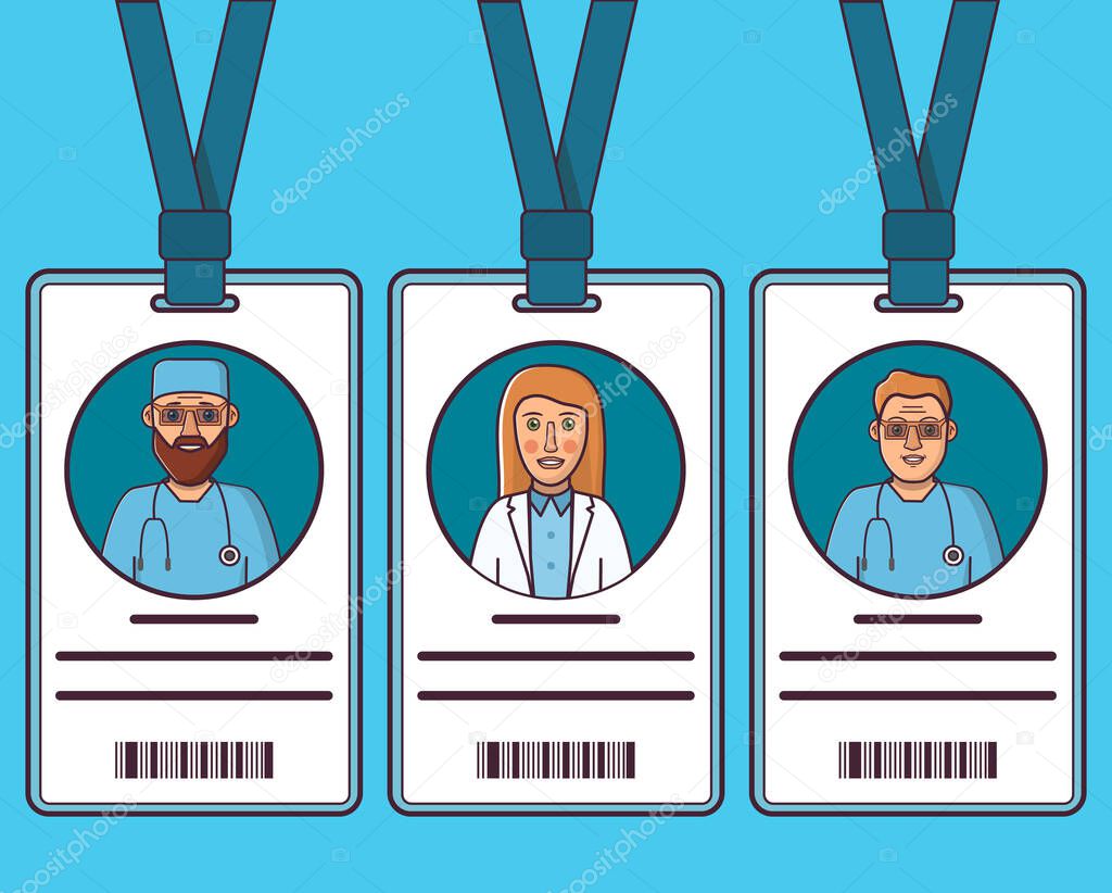 ID cards doctors. Young man and woman. Medical staff character with uniform.