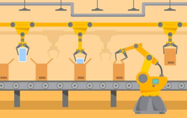 Robot ambalaj bandı. Robot kolu. Karton kutular..