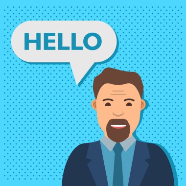 Chatbot konsepti. Konuşma balonu işadamı merhaba diyor..