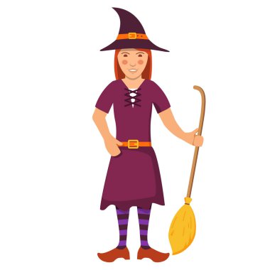 Cadı süpürge sopası ikonu. Bayram Cadılar Bayramı düz vektörü. Takım elbiseli genç kadın..