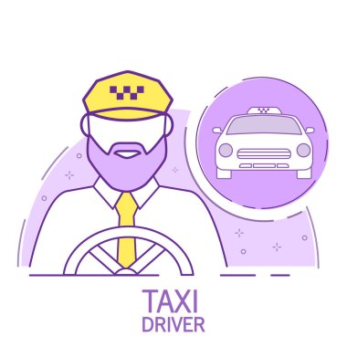 Taksi şoförü üniformalı bir adam. Servis simgeleri taksi ana hatları vektörü..