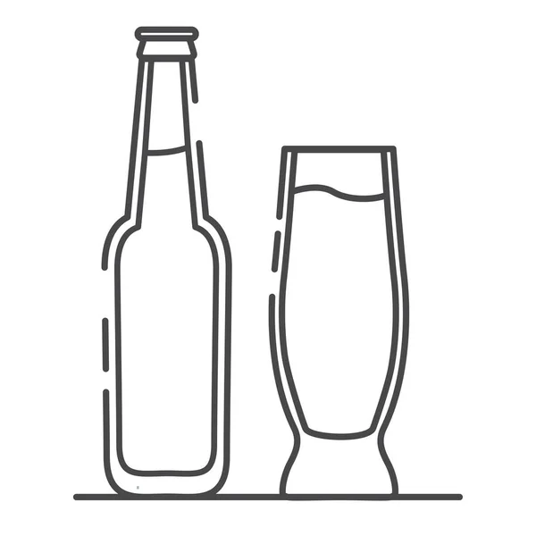 Bottiglia di birra e bicchiere. Icona della bevanda alcolica. Vettore contorno arte a linea piana. — Vettoriale Stock