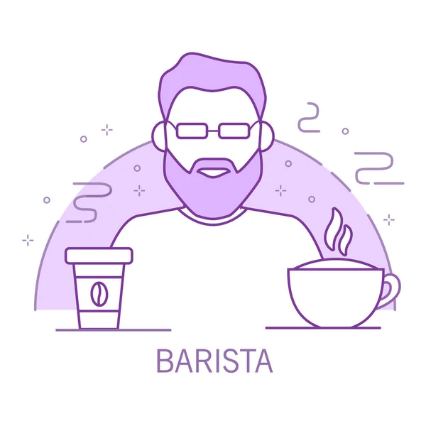 Barista schets stripfiguur met een cappuccino en een papieren kopje koffie. — Stockvector