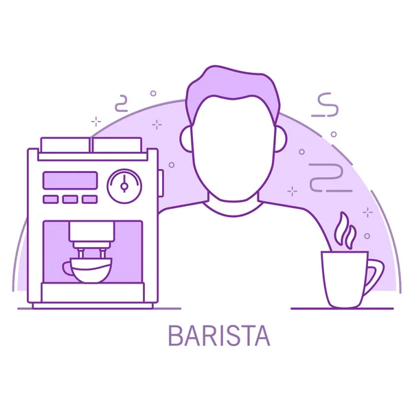Barista personnage de dessin animé contour avec une cafetière et une tasse. — Image vectorielle