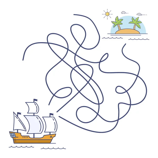 Labyrinthe bateau de jeu, jeu d'éducation pour les enfants.Voile galion flotte par la mer à l'île tropicale avec des palmiers. — Image vectorielle