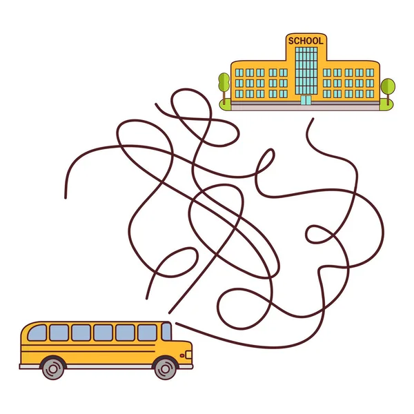 Το λεωφορείο πηγαίνει στο σχολείο.Λαβύρινθος παιχνίδι, παιχνίδι εκπαίδευσης για τα παιδιά. — Διανυσματικό Αρχείο