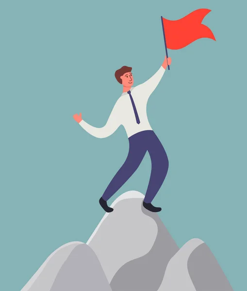 Achieving success. Happy businessman with a flag on the top of the mountain. — Stock Vector