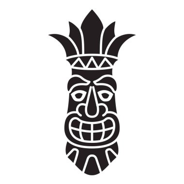 Gülen polinezya tiki maskeli siluet beyaz arka planda izole edilmiş. Hawaii kabile maskesi.