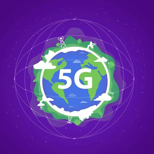 Dünya küresel 5G ağ kablosuz teknoloji gezegeni Dünya. Uydu iletişimi ve antenleri..