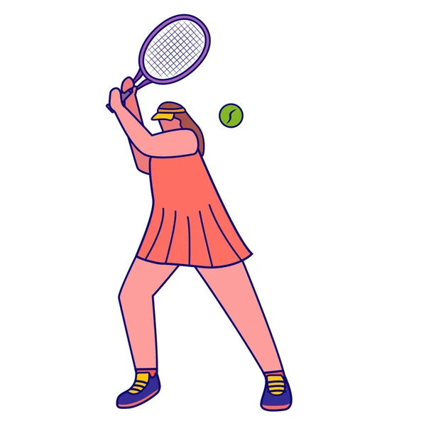 Raket kullanan kadın tenisçi. Kadın sporcu el çizimi vektör çizimi.. — Stok Vektör