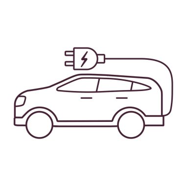 Elektrikli araba SUV simgesi. Eko konsept araç. Yan görüş. Fişe takılı elektrikli otomobil.