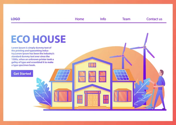 Landing page template.Green energy eco friendly suburbanen amerikanischen House.Family home facade.Flat vector.Web page. — Stockvektor