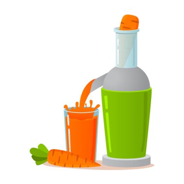 Elektrikli meyve suyu. Taze havuç suyu. Vejetaryen konsepti. Sağlıklı yaşam tarzı.