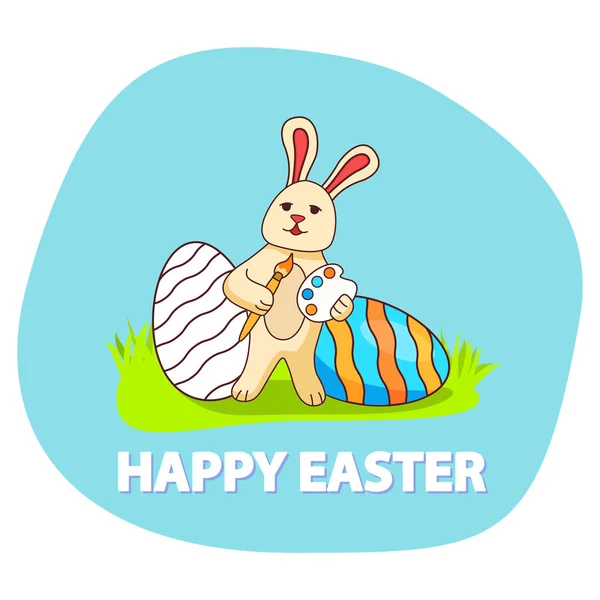 Le lapin au pinceau et peint dessine l'oeuf festif. Bannière de Pâques heureuse. — Image vectorielle