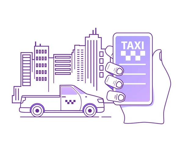 Мобільне таксі онлайн замовлення концепції мобільного додатку. Рука тримає додаток для смартфона на службі кабіни екрану . — стоковий вектор