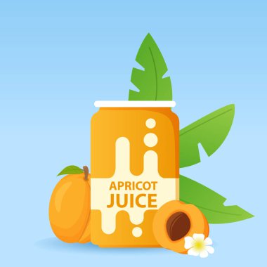 Kayısı suyu ile birlikte alüminyum kutu. Olgun tropik meyve.