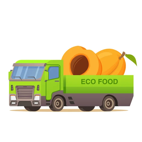 Comida entrega camión albaricoque fruta harvesting.Car ilustración vector. — Vector de stock