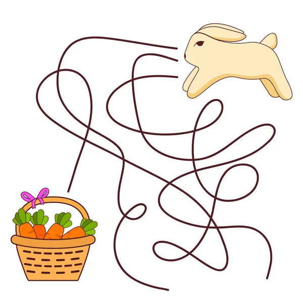Laberinto juego, juego de educación para los niños.El conejo de Pascua se ve cesta con zanahoria. — Vector de stock