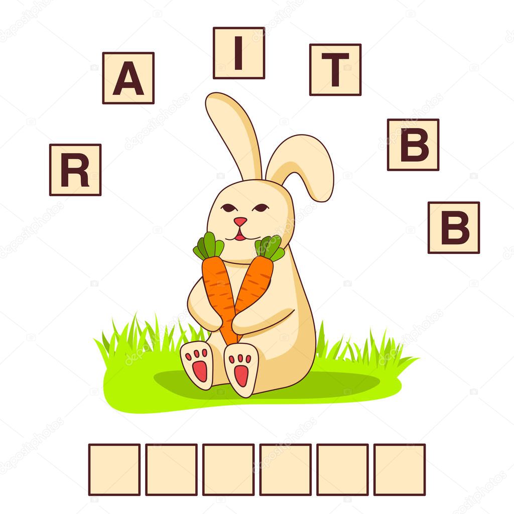 Bunny holding carrot.Hare cartoon character.Game words puzzle rabbit.