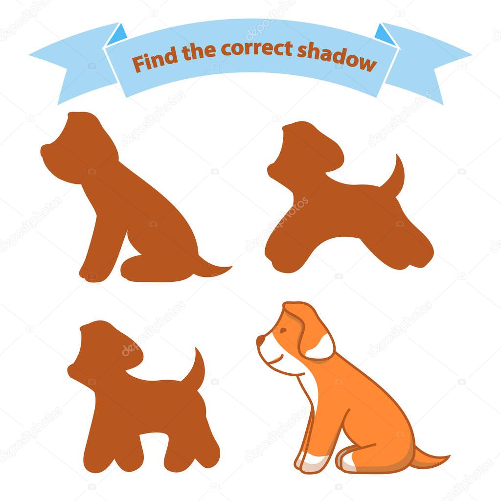 Find the correct shadow dog is sitting.Educational game for children cute puppy.