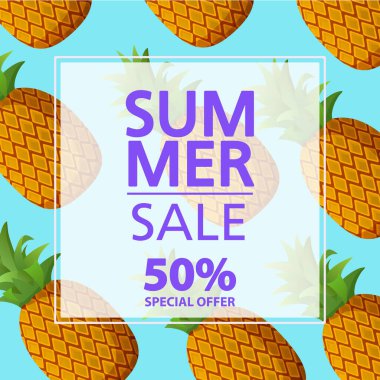 Yaz indirimi afişi. 50 indirim var. Olgun ananas. Tropik meyve deseni.
