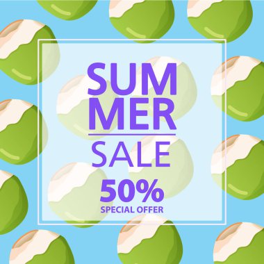 Yaz indirimi afişi. 50 indirim sunuyor. Kokteyl, tropikal meyve deseni..