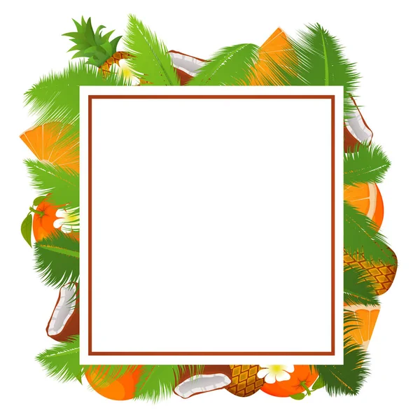 Tropisk mall för en ram för en banderoll med palmblad och kokosnötter, ananas och apelsin. — Stock vektor
