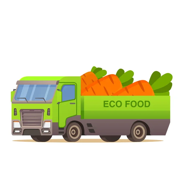 Livraison de nourriture légumes camion rétro. Récolte de carottes .Car illustration vecteur. — Image vectorielle