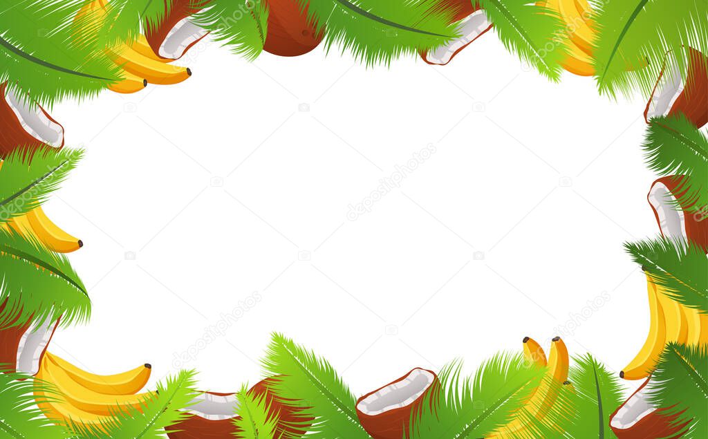 Tropical template of a frame for a banner with palm leaves and coconuts and bananas.