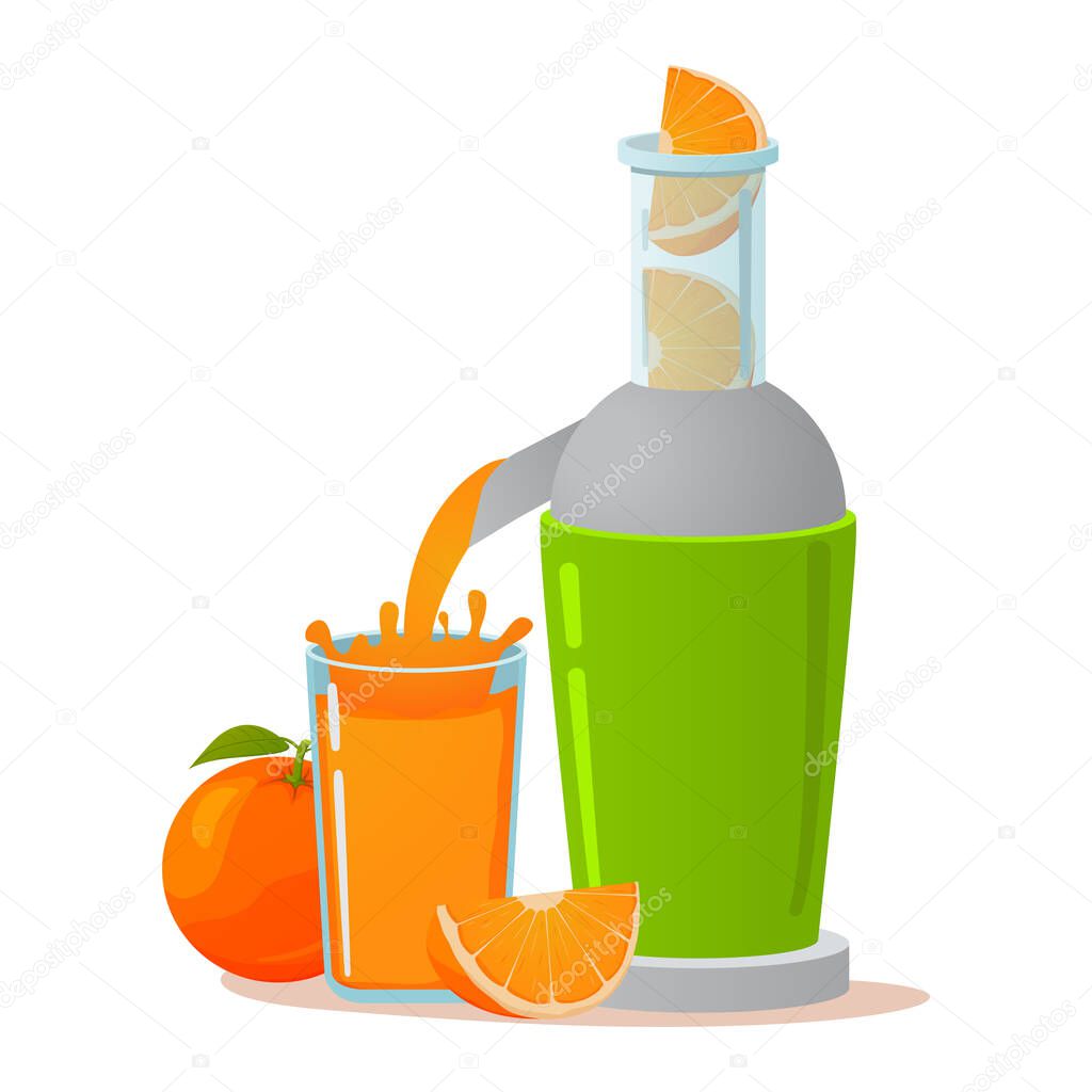 Electric juicer. Orange fresh juice. A concept for tropical fruit citrus healthy lifestyle.
