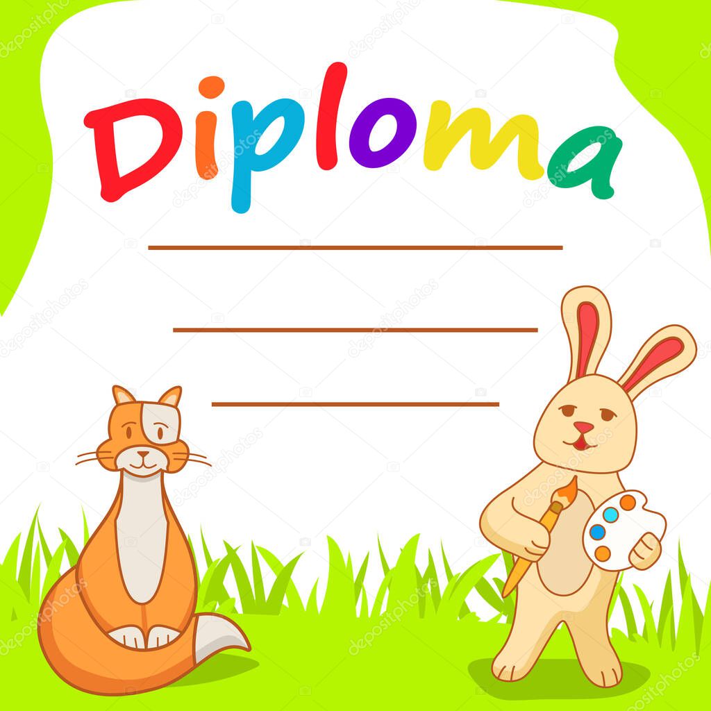 Diploma template for kids.The cartoon a Hare artist with paints and a ginger cat.