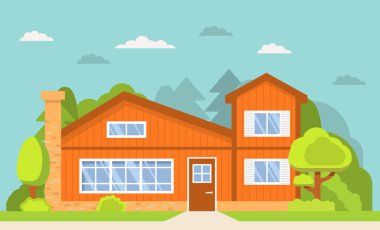 Evin dış görünüşü. Çatısı olan ön cephe..