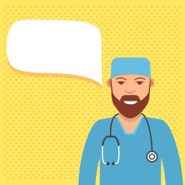 Konuşma balonu doktoru. Üniformalı steteskoplu bir erkek cerrah..