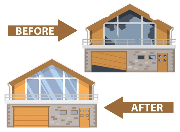 Casa antes y después de la reparación. Vieja casa agotada. — Vector de stock