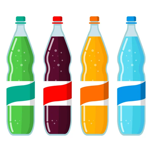 En uppsättning plastflaskor med lemonad. Platt illustrationsvektor. — Stock vektor