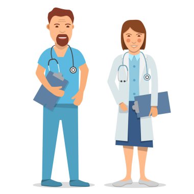 Tıbbi personel. Erkek ve kadın hemşire, doktor. Beyaz bir arkaplanda izole edilmiş.