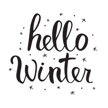 Merhaba kış el yazısı. Tebrik kartı, tişört, baskılar ve posterler..