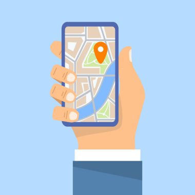 Harita ve işaret ile el ele tutuşan telefon. Mobil GPS .