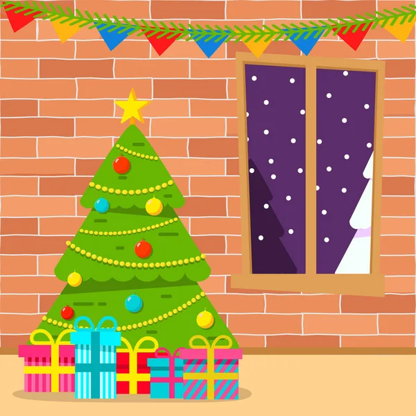 Vánoční stromeček interiér zdobené obývací pokoj s dárky.. — Stockový vektor