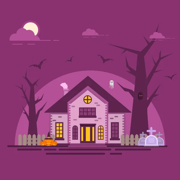 Halloween haunted house. Old cemetery gravestone. Festive banner for All Saints Day. — Stock Vector