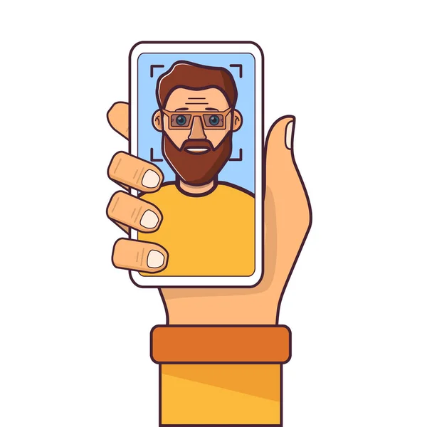 Gezichtsherkenning. Gezicht ID.Human hand holding smartphone.Man jong met een baard. — Stockvector