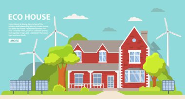 Yeşil enerji, çevre dostu bir banliyö Amerikan evi. Güneş paneli, rüzgar enerjisi. Aile evi. Kasaba binası..