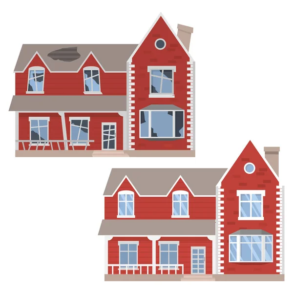 House before and after repair. Old run-down home. — Stock Vector