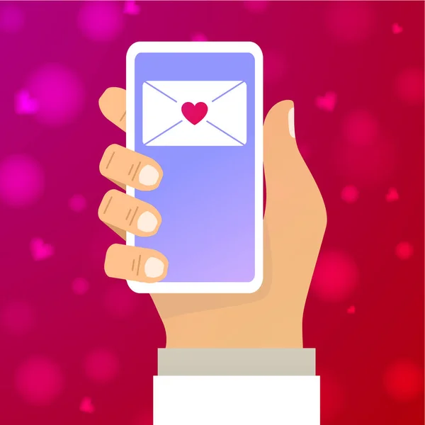 Aplicación de mano en smartphone.Concept para el banner web para el Día de San Valentín. — Vector de stock