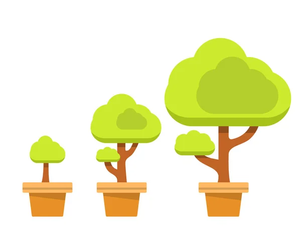 Aan bomen groeien in een pot. Vlakke illustratie vector.Geïsoleerd op witte achtergrond. — Stockvector