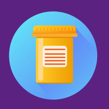 İlaç şişesi etiketli plastik kavanoz. İlaç konsepti. Hastane seti. Düz çizgi sanat vektörü..