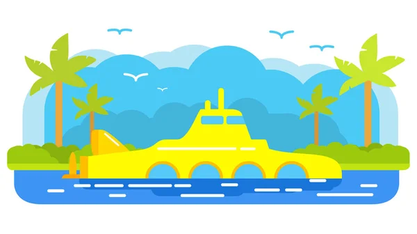 Gelber U-Boot-Tourist. Forschung unter Wasser. Sommer marine travel.rine Reise . — Stockvektor